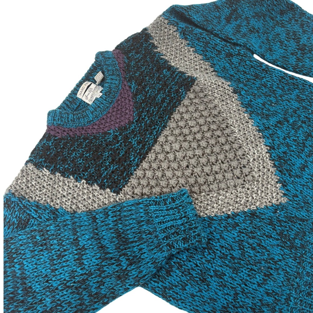Sears Roebuck Vintage Hand Knit Sweater Geometric Chevron Teal M Mens